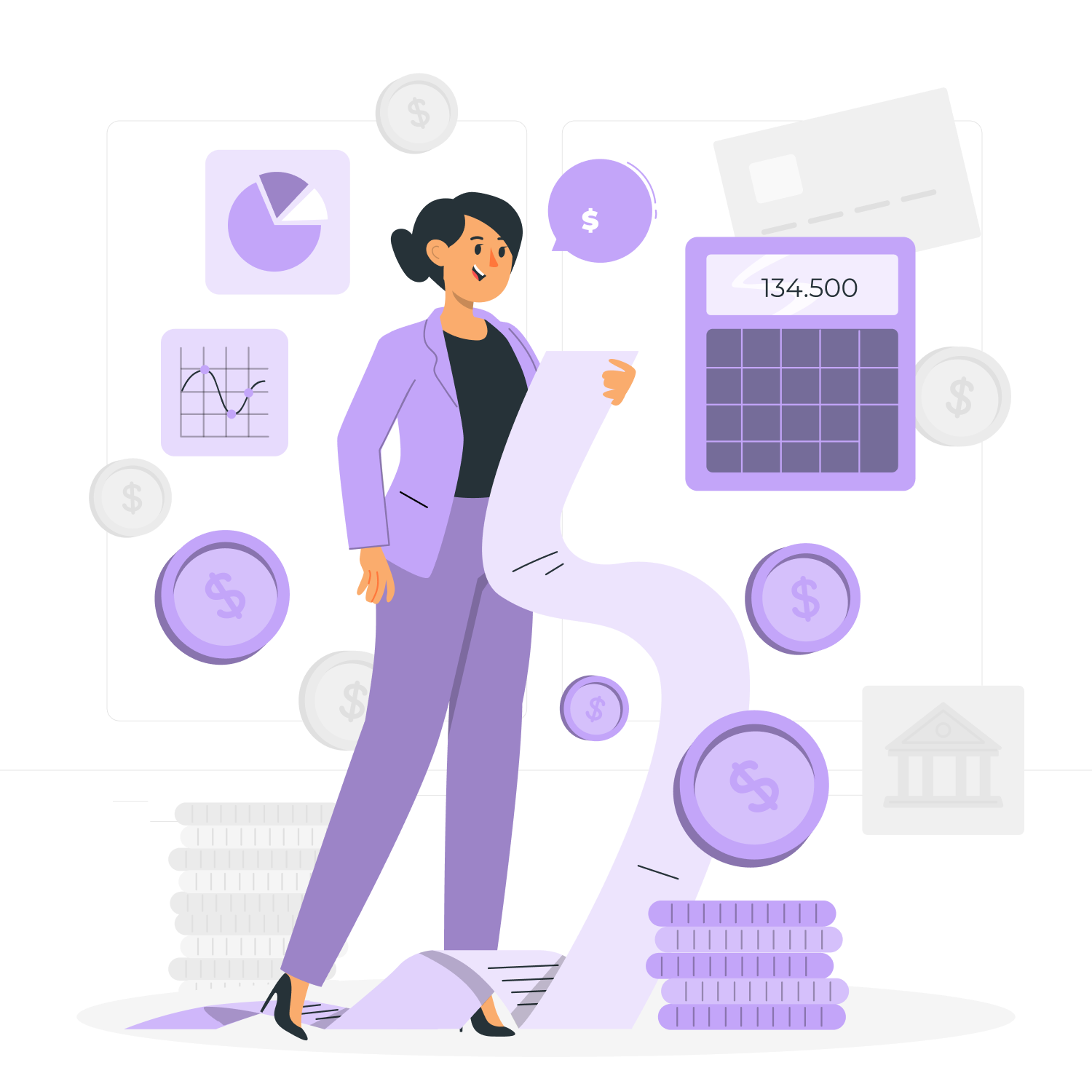 Illustration of a businesswoman analyzing a long financial report with graphs, coins, and a calculator in the background.