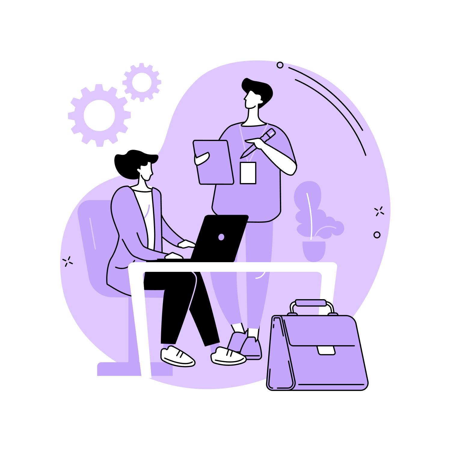 Illustration of two professionals discussing work at a desk with a laptop, clipboard, gears, and a briefcase symbolizing teamwork.