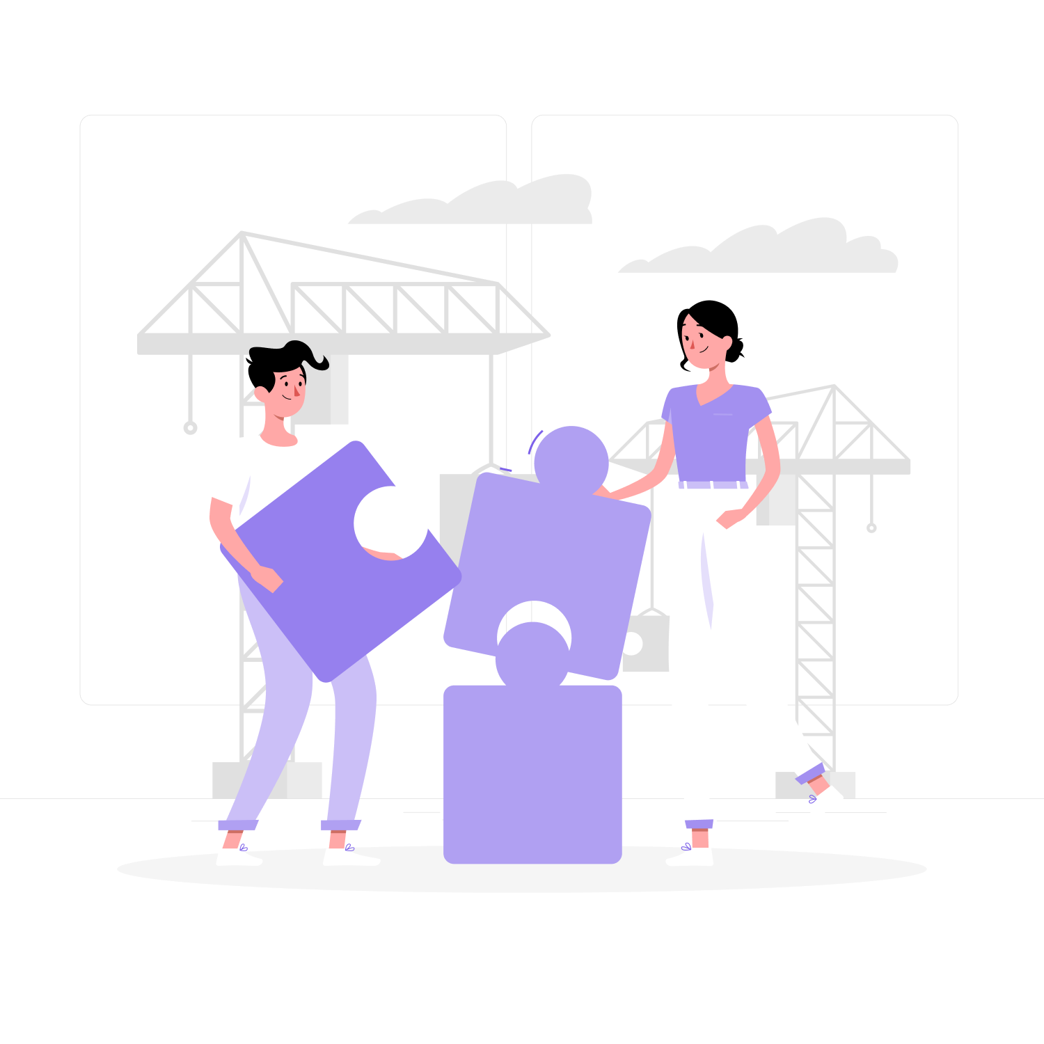 Illustration of two people assembling puzzle pieces with cranes in the background, symbolizing building a back-office in India.