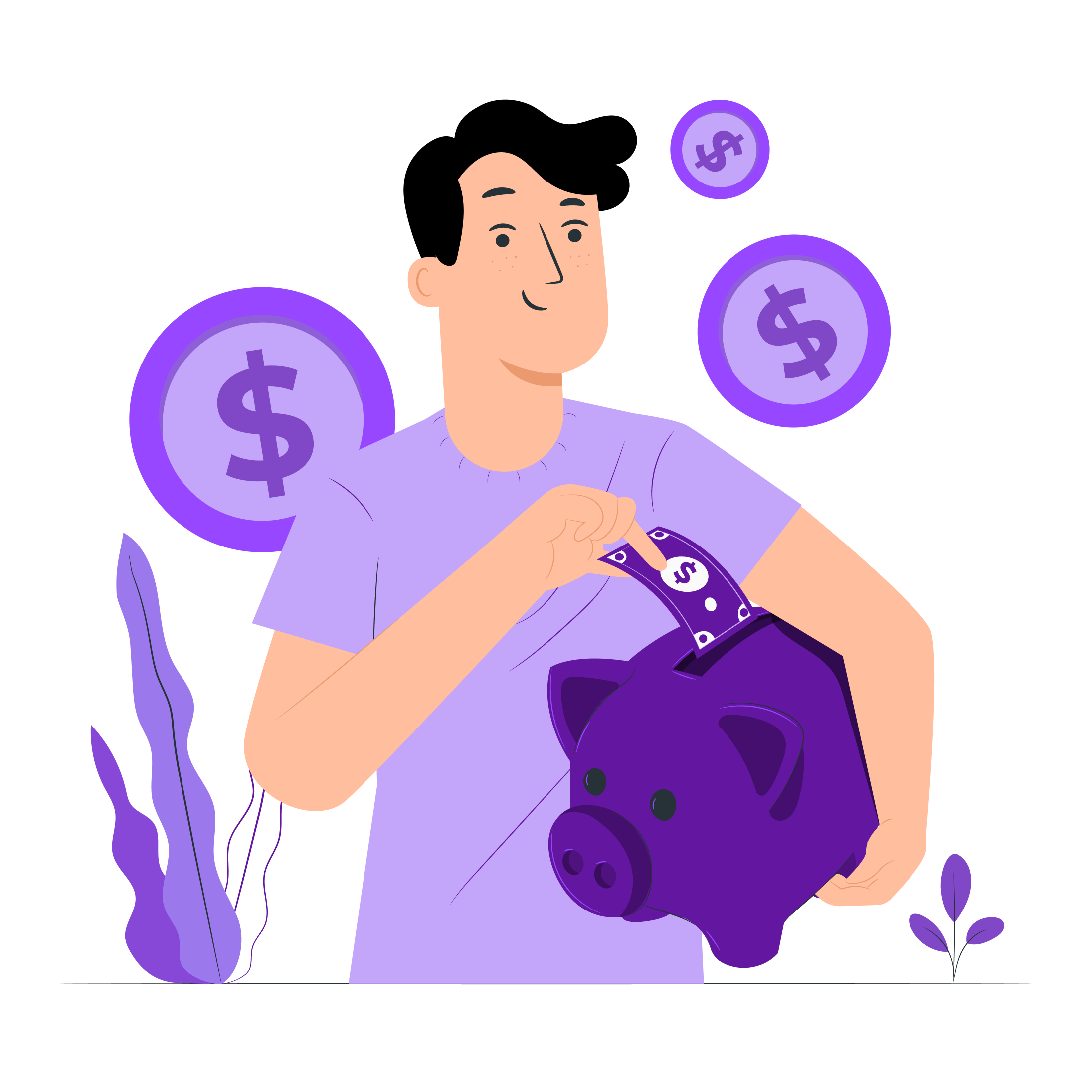 Illustration of a man saving money by putting a dollar bill into a piggy bank, with dollar symbols floating in the background.