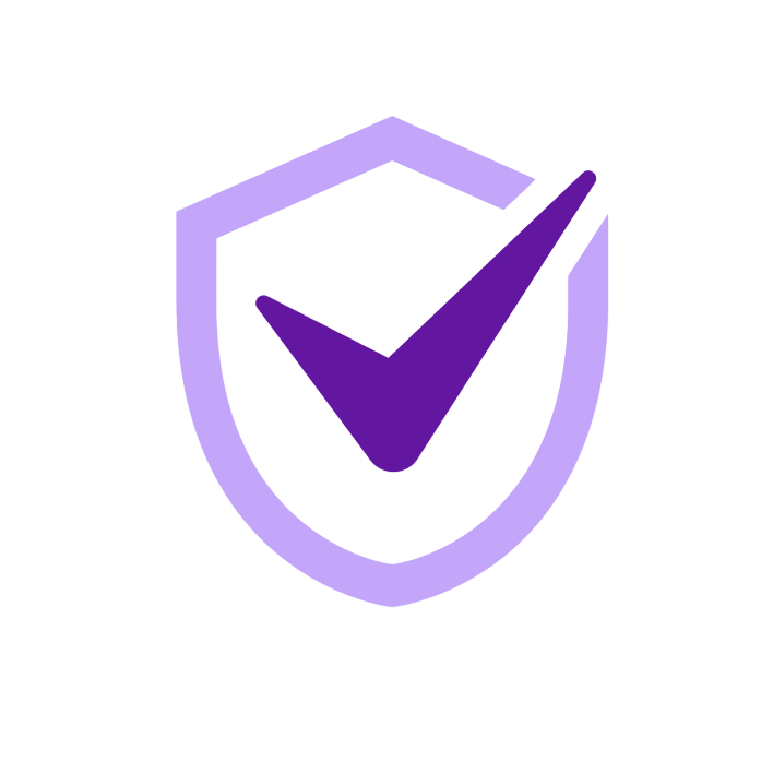 Purple shield with a checkmark symbolizing data protection, trust, compliance, and secure business operations assurance.
